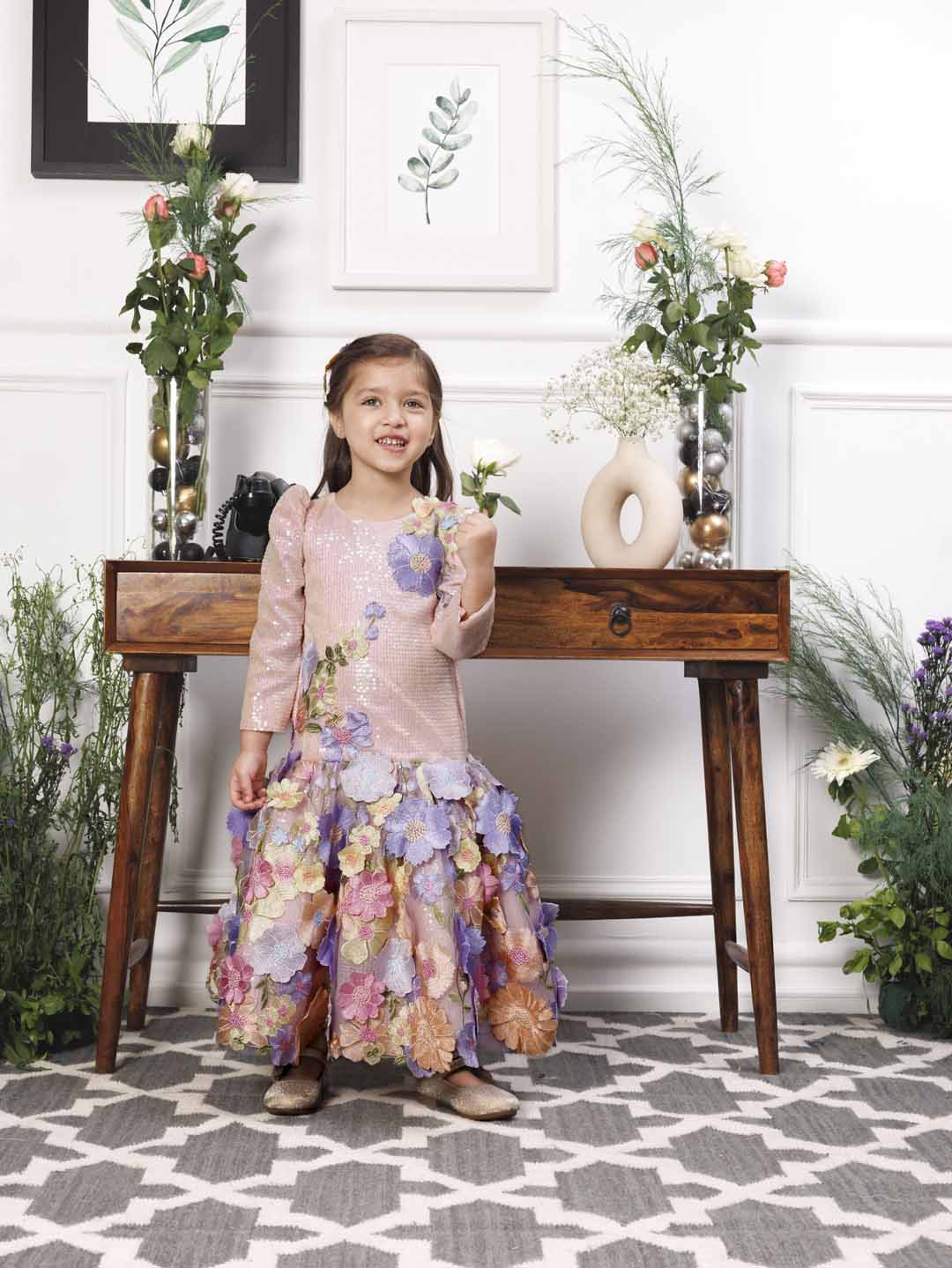 Zarita pink sequin mermaid dress with lavender fish tail skirt and flower detailing