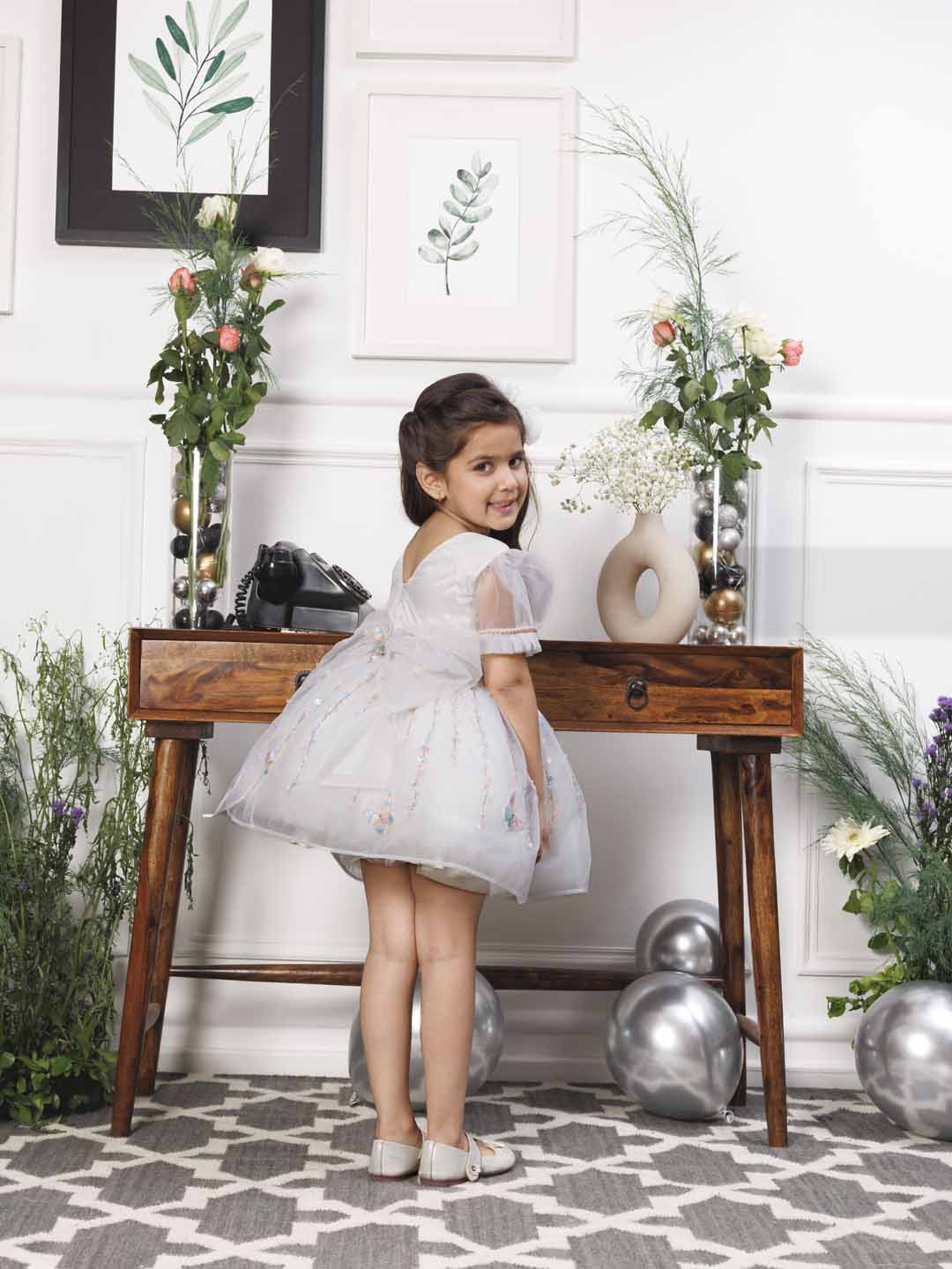 Phillipa white organza dress with hand embroidery of flower and butterflies detailing