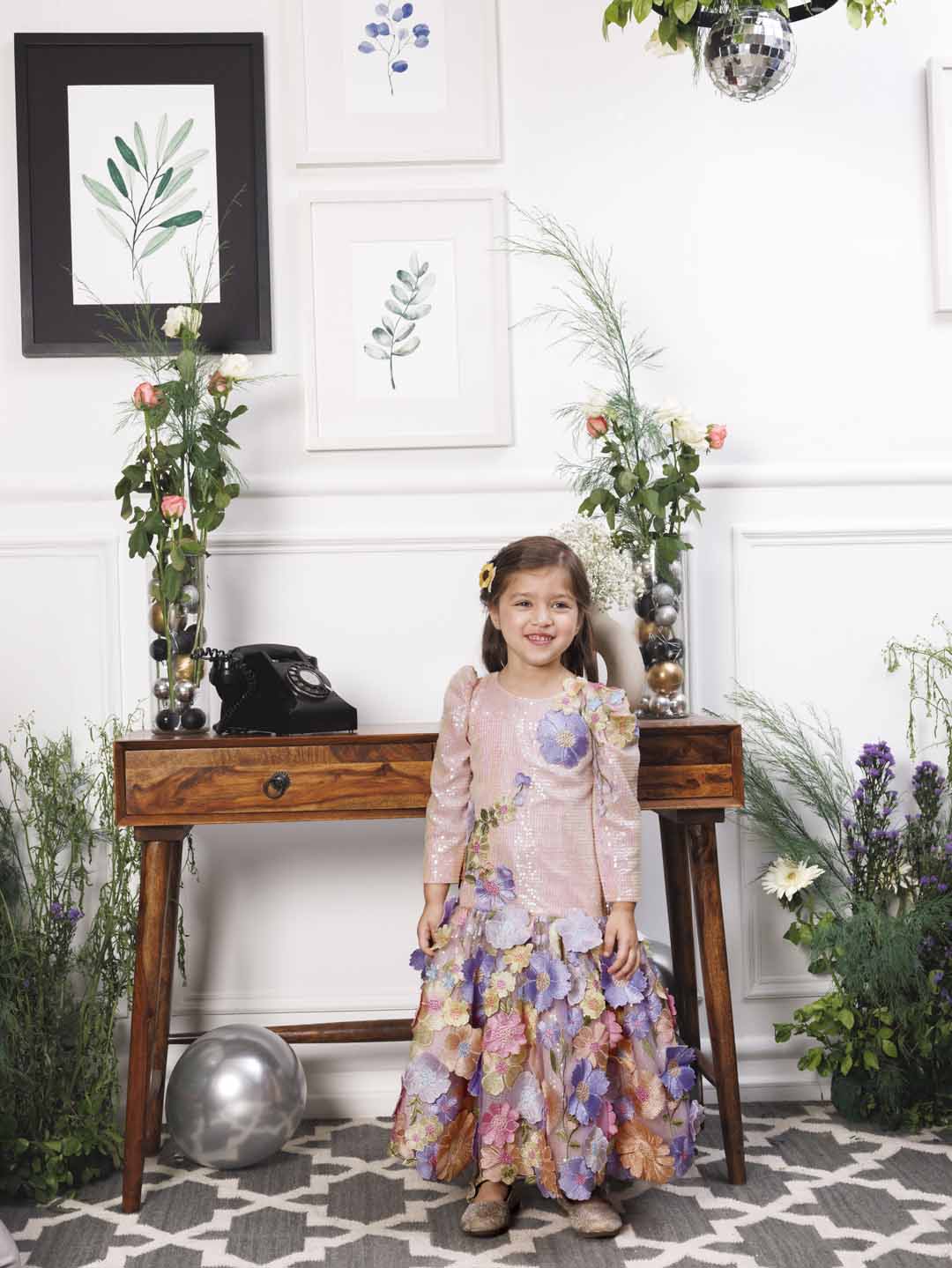 Zarita pink sequin mermaid dress with lavender fish tail skirt and flower detailing