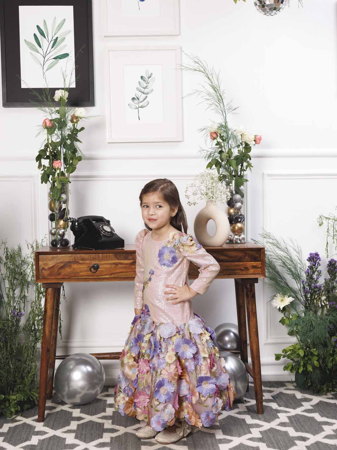Zarita pink sequin mermaid dress with lavender fish tail skirt and flower detailing