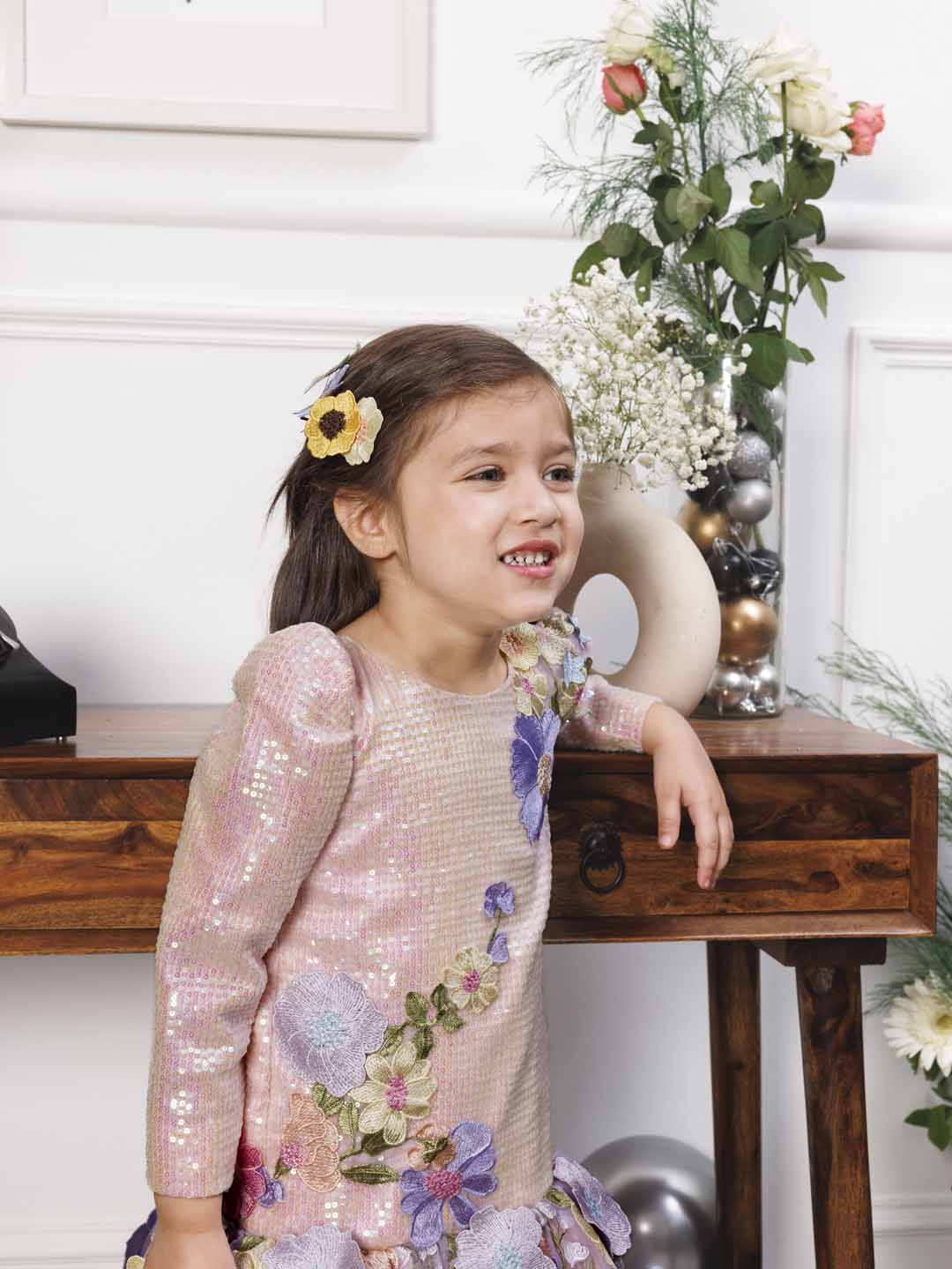 Zarita pink sequin mermaid dress with lavender fish tail skirt and flower detailing