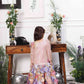 Zarita pink sequin mermaid dress with lavender fish tail skirt and flower detailing