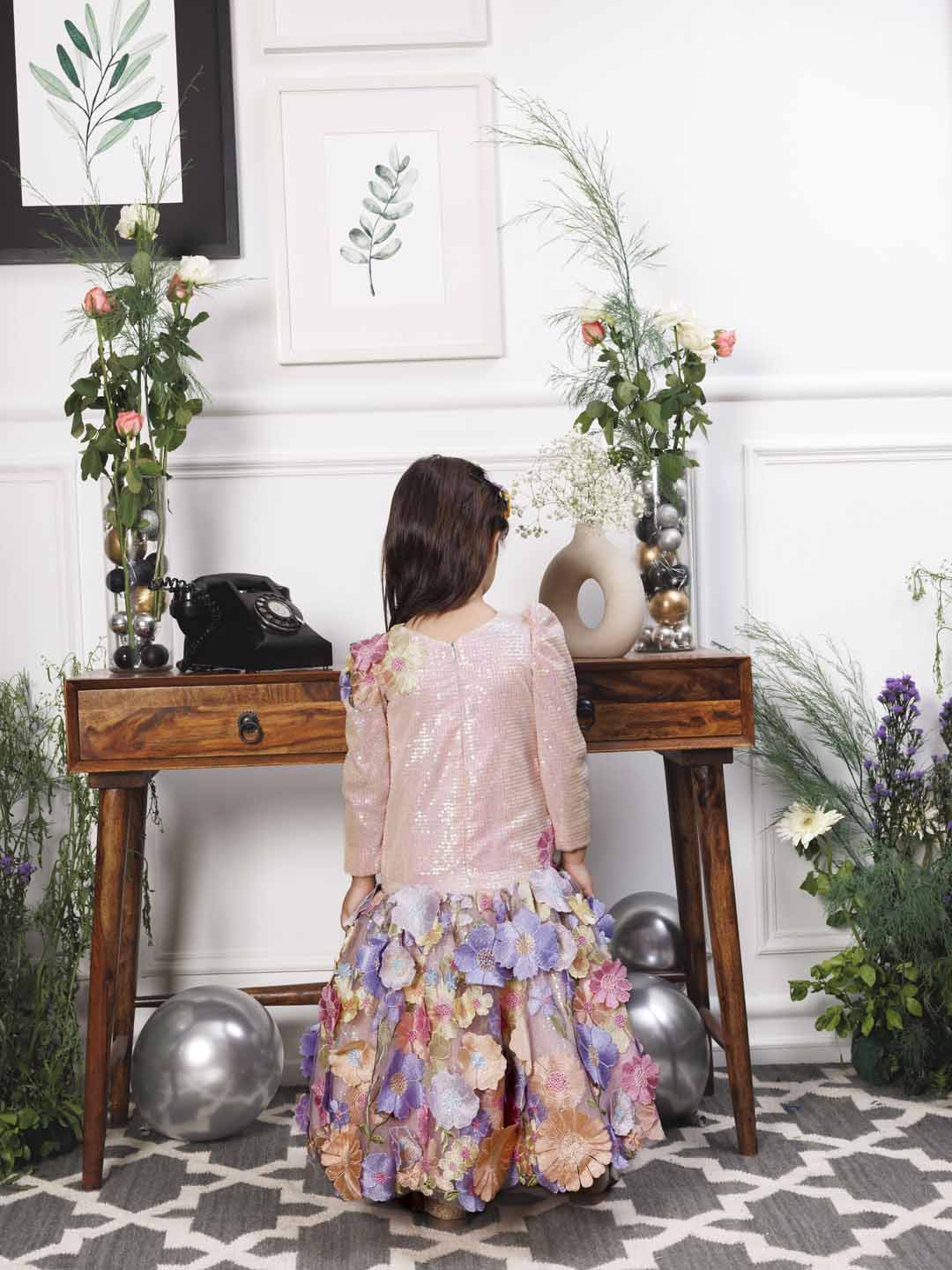 Zarita pink sequin mermaid dress with lavender fish tail skirt and flower detailing