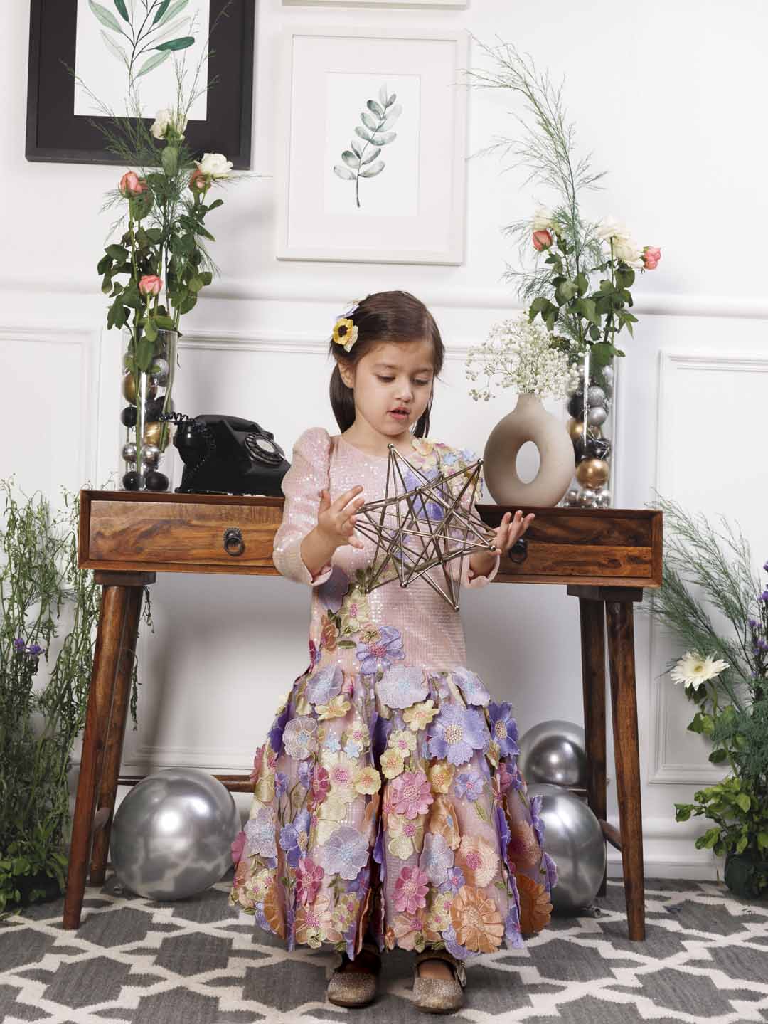 Zarita pink sequin mermaid dress with lavender fish tail skirt and flower detailing