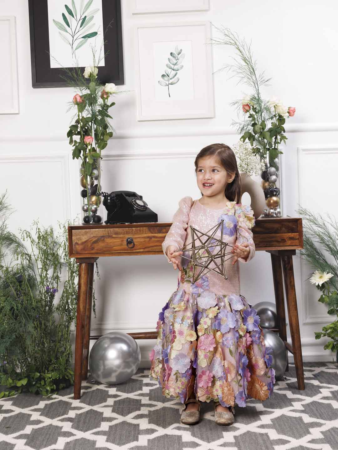 Zarita pink sequin mermaid dress with lavender fish tail skirt and flower detailing
