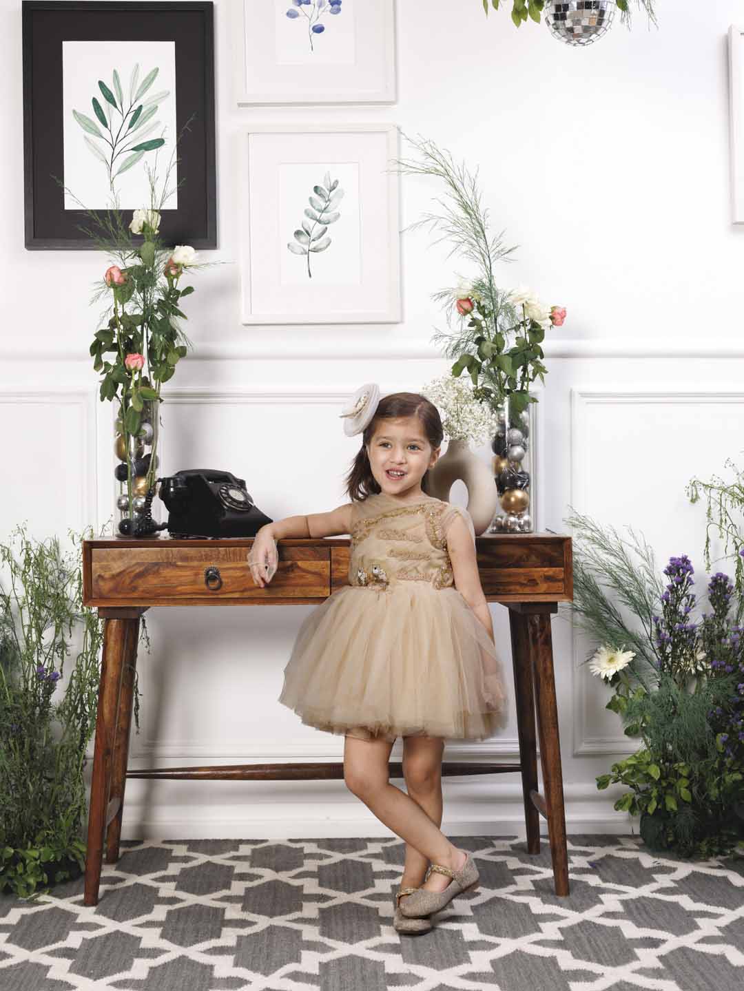 Charlotte fluffy champagne dress with hand embroidery on gathered bodice