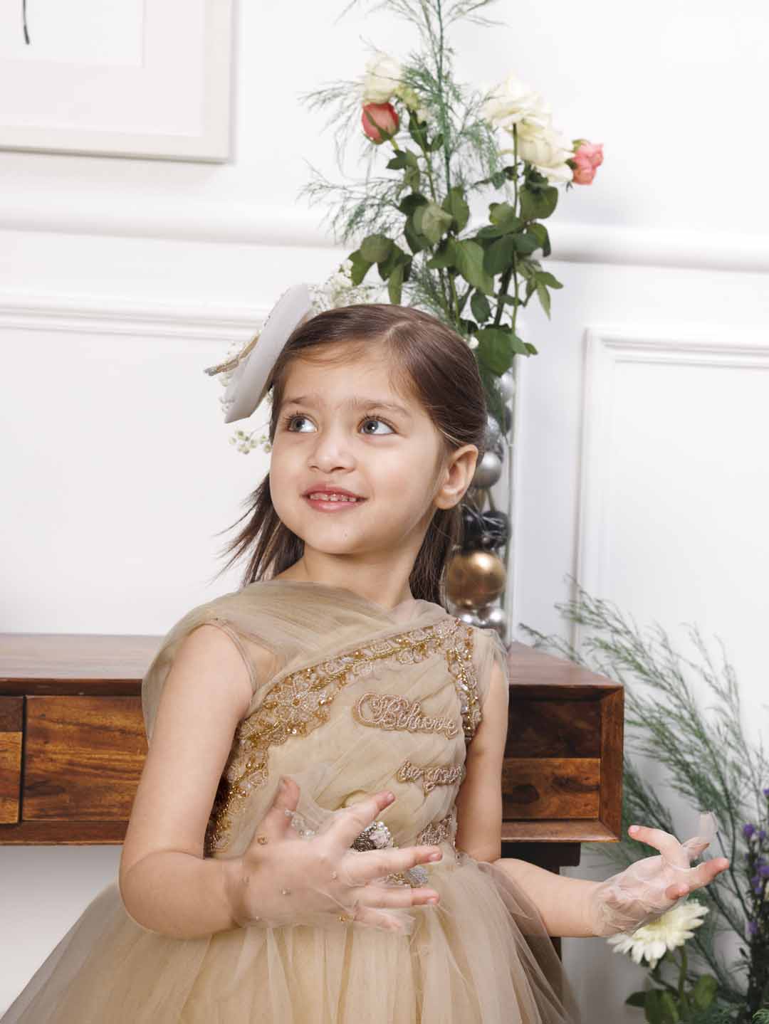 Charlotte fluffy champagne dress with hand embroidery on gathered bodice