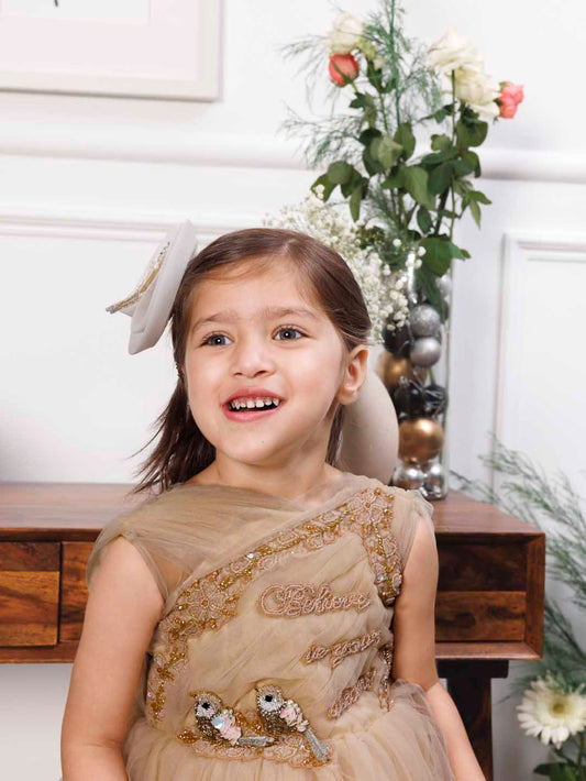 Charlotte fluffy champagne dress with hand embroidery on gathered bodice