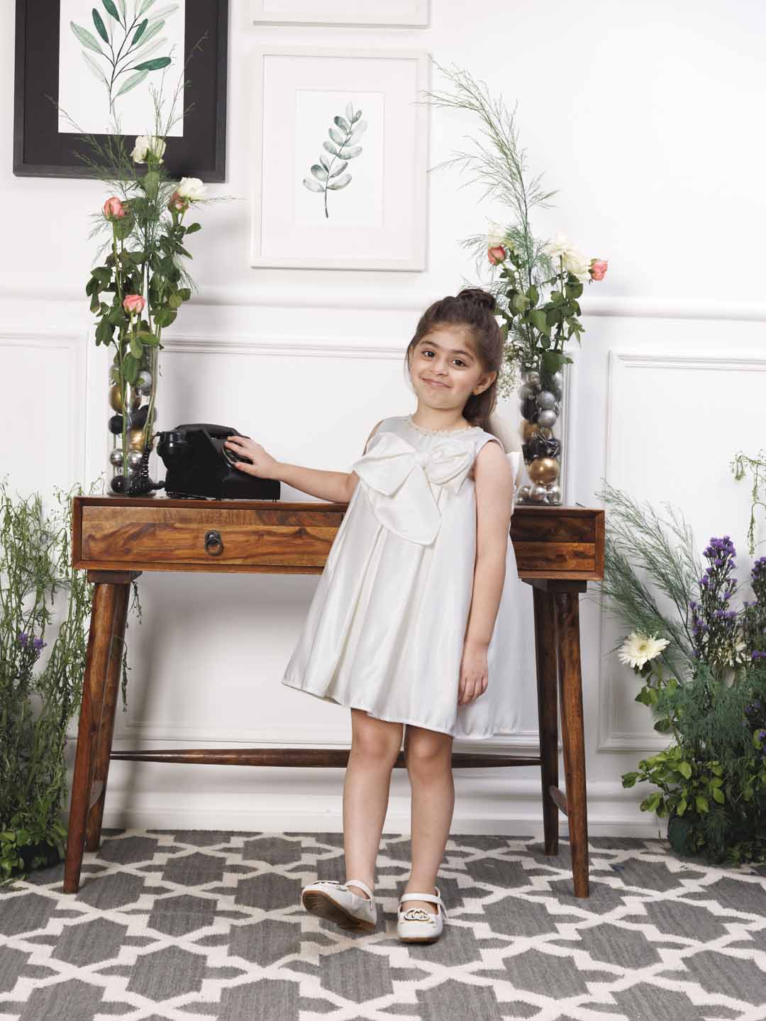 Emma white satin silk dress with bow in front