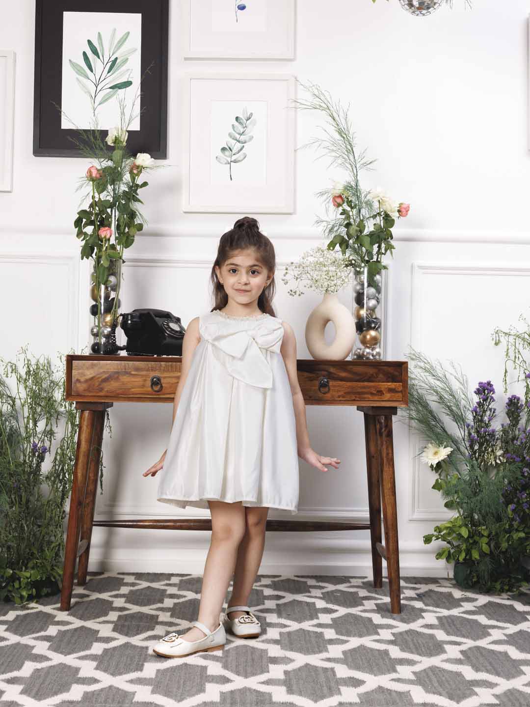 Emma white satin silk dress with bow in front