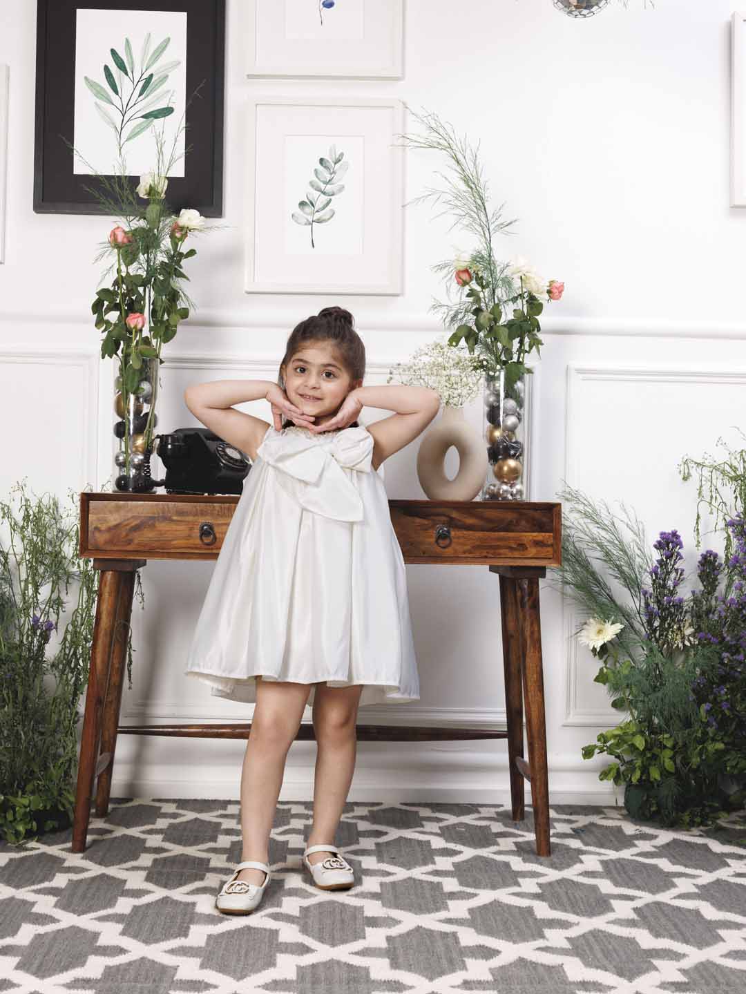 Emma white satin silk dress with bow in front