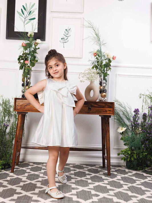 Emma white satin silk dress with bow in front