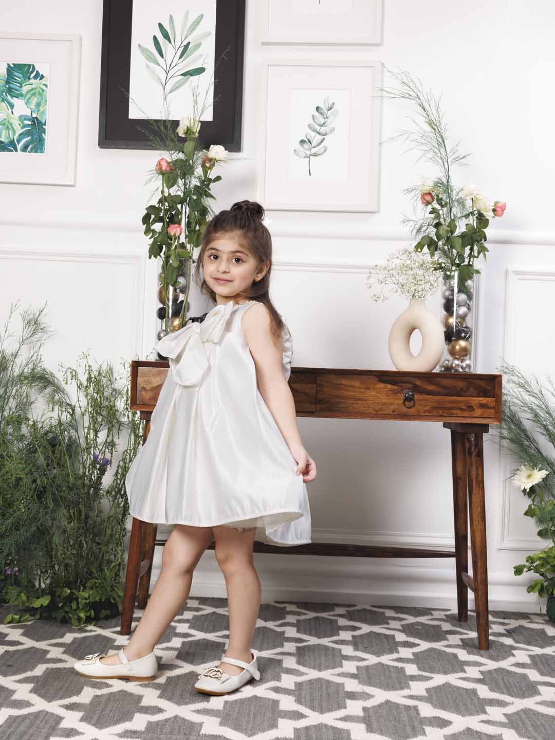 Emma white satin silk dress with bow in front