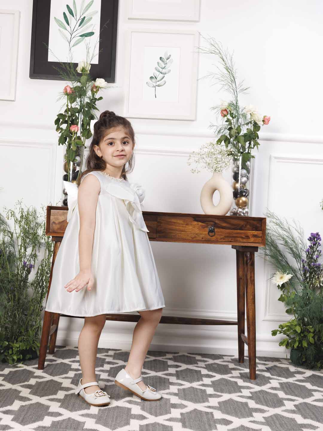 Emma white satin silk dress with bow in front