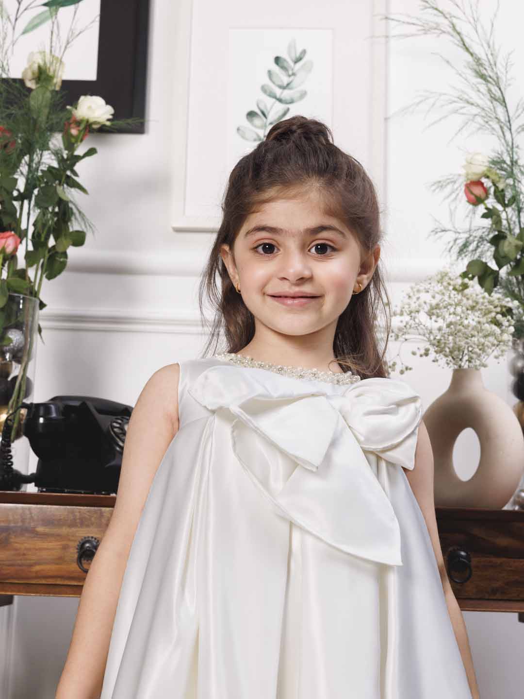 Emma white satin silk dress with bow in front