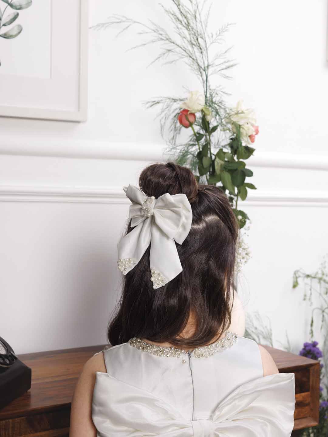 Emma white satin silk dress with bow in front