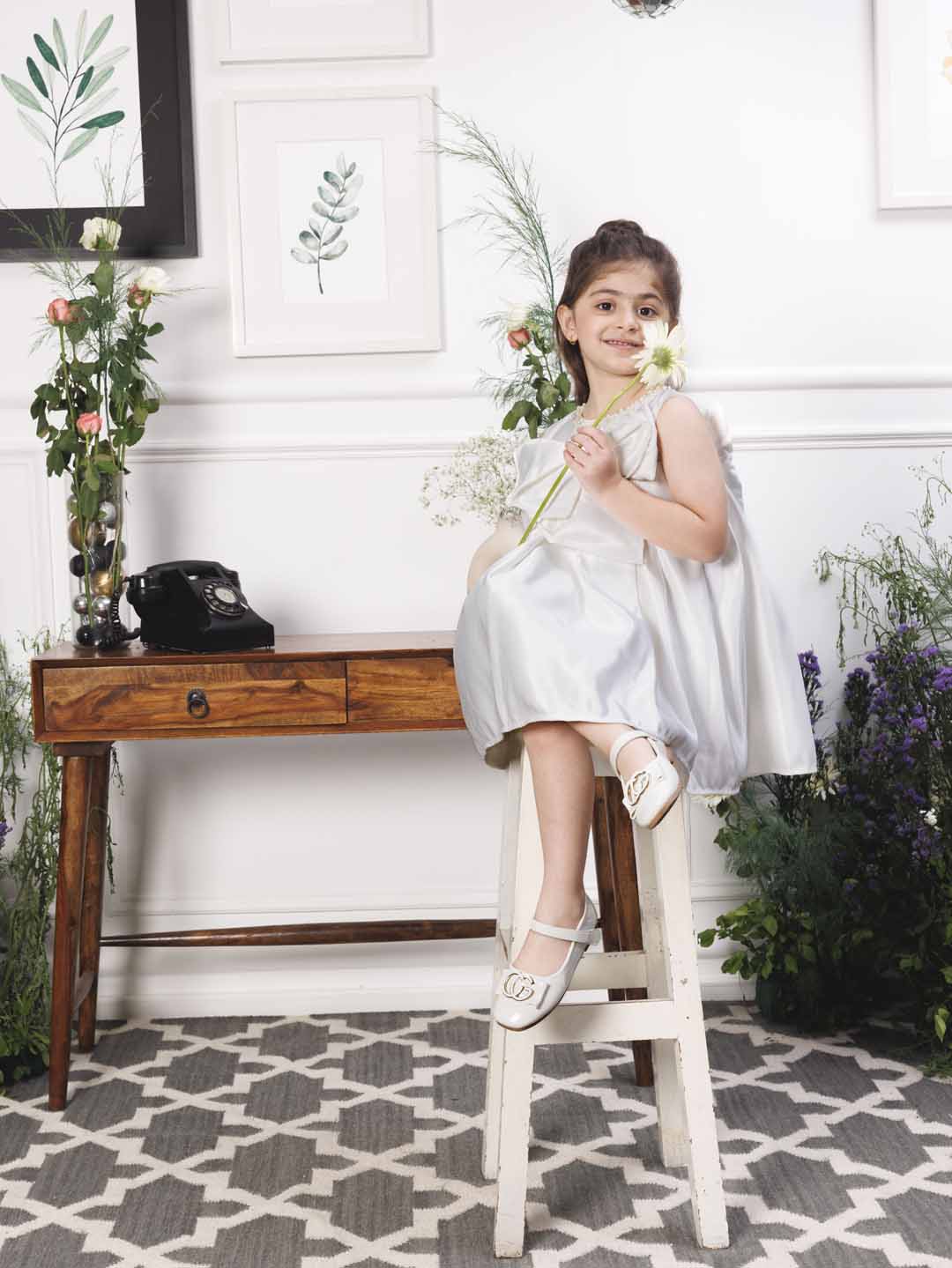 Emma white satin silk dress with bow in front