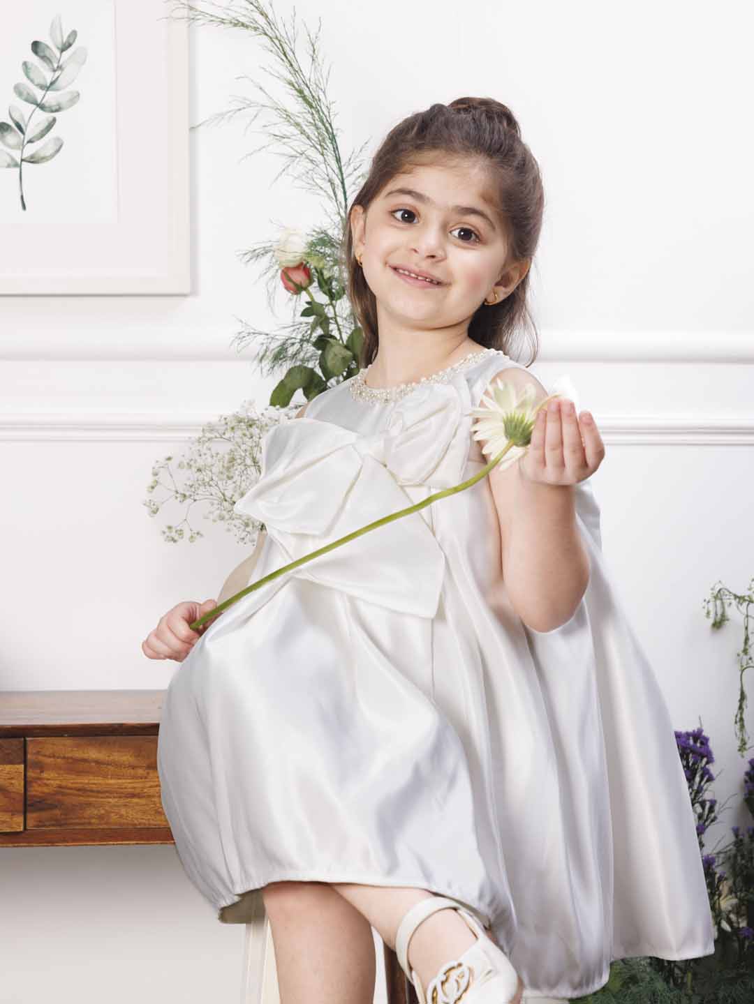 Emma white satin silk dress with bow in front