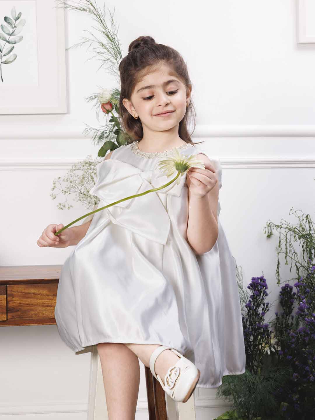 Emma white satin silk dress with bow in front