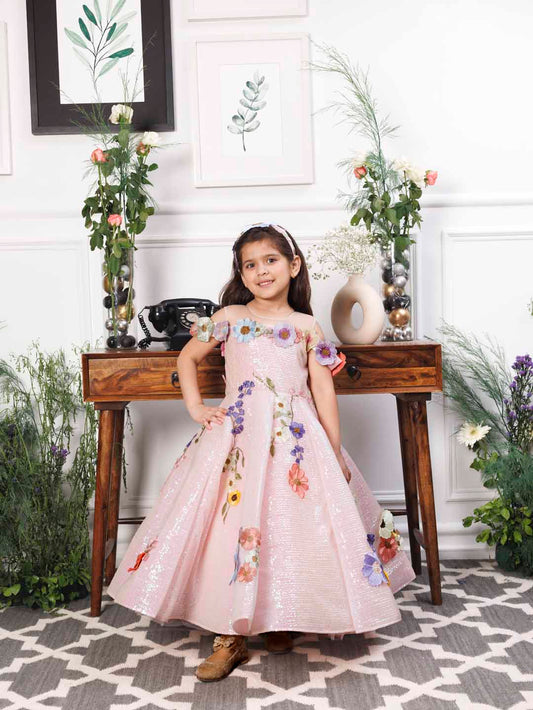 Lily pink sequin panel gown with flower detailing