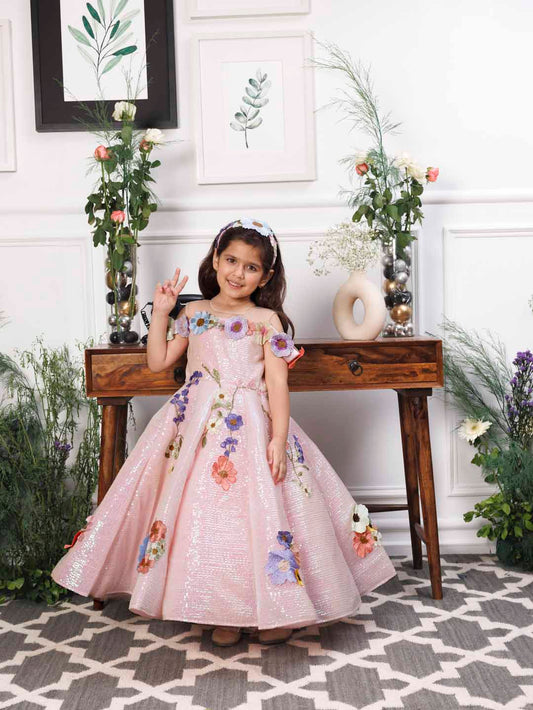 Lily pink sequin panel gown with flower detailing