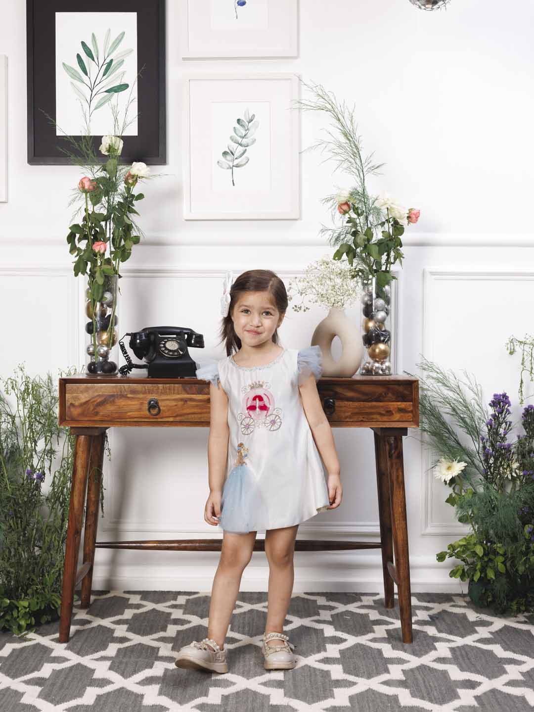 Cindrella A line satin silk dress with princess and carraige detailing