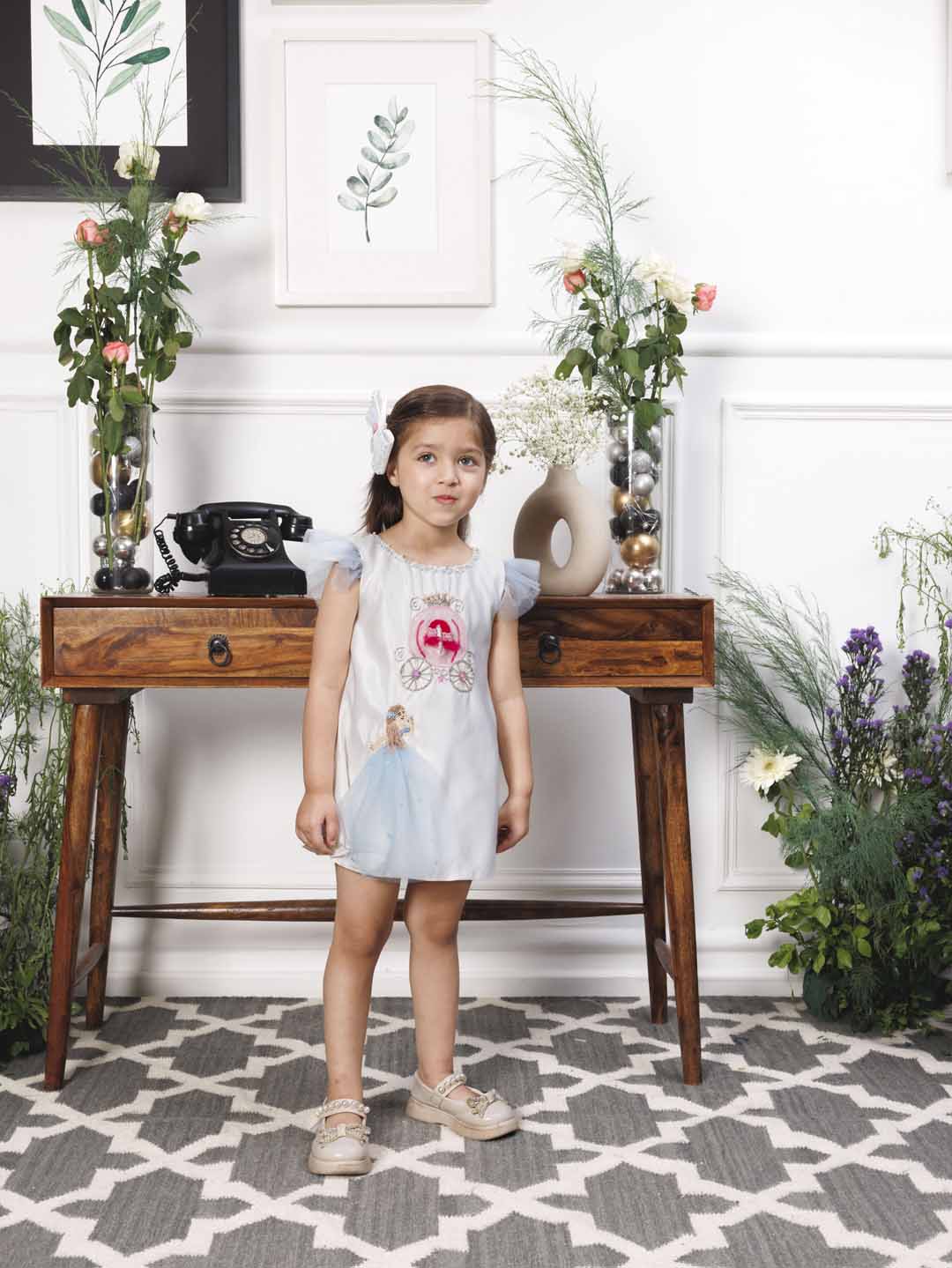 Cindrella A line satin silk dress with princess and carraige detailing