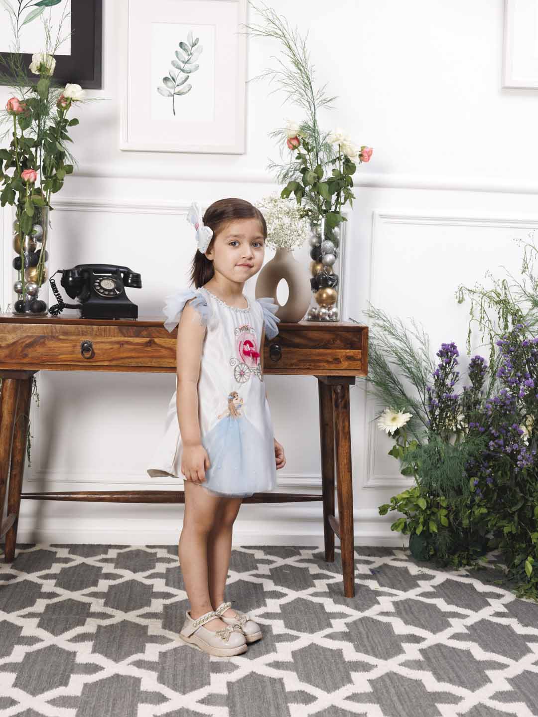 Cindrella A line satin silk dress with princess and carraige detailing