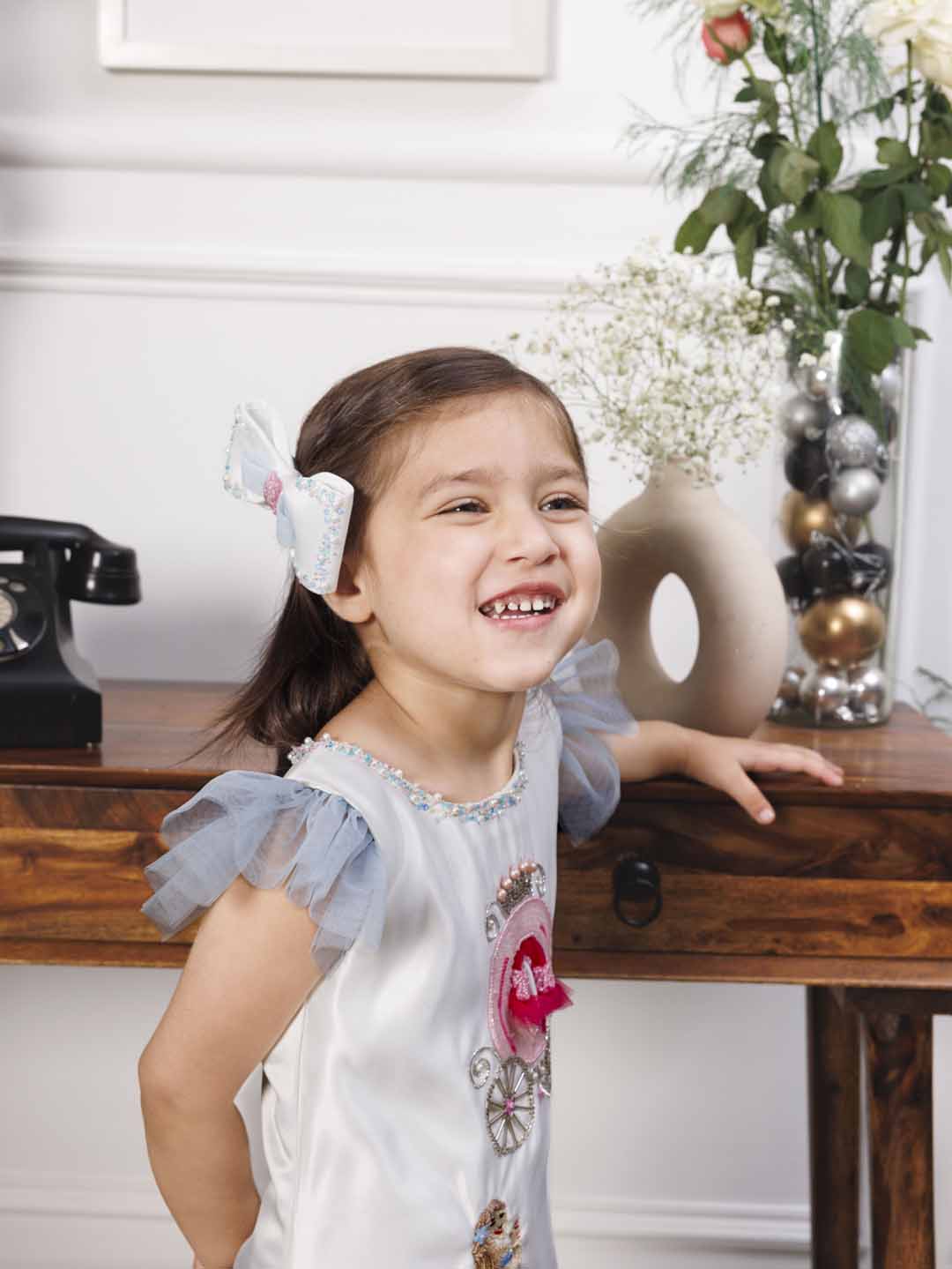 Cindrella A line satin silk dress with princess and carraige detailing