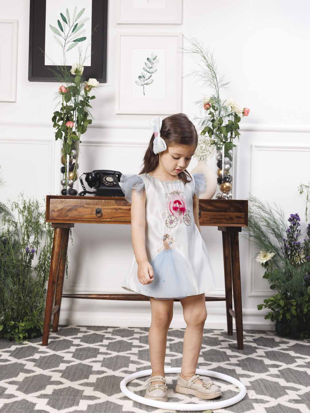 Cindrella A line satin silk dress with princess and carraige detailing