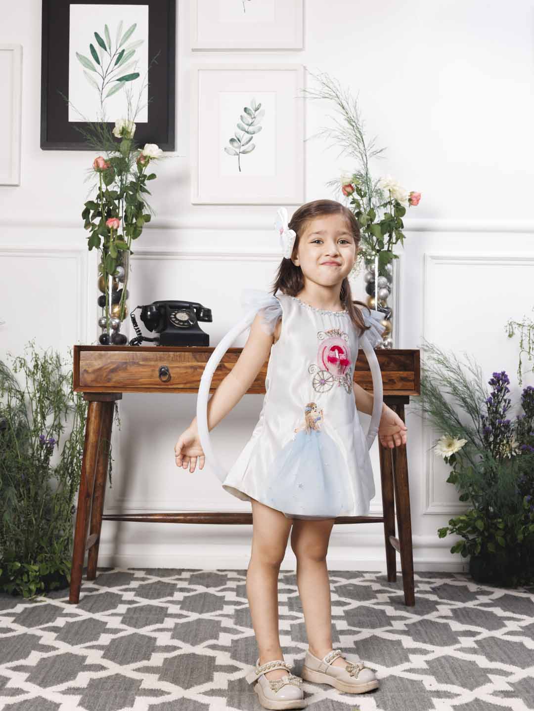 Cindrella A line satin silk dress with princess and carraige detailing