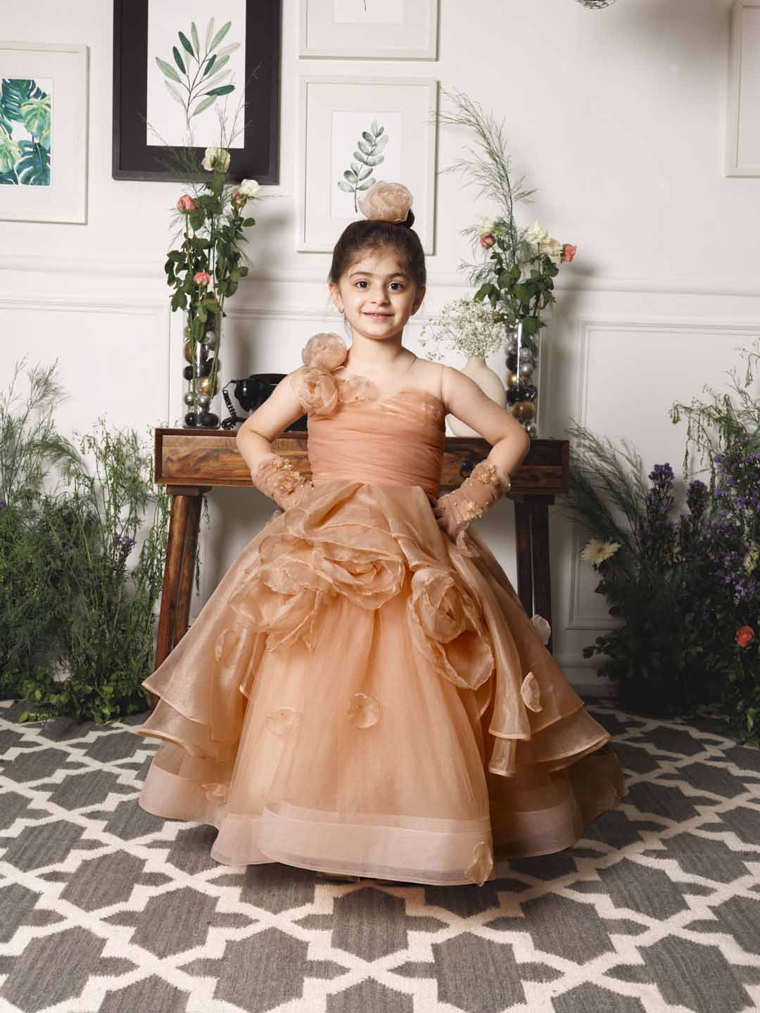 Charlene princess trail gown with handmade flowers and gloves