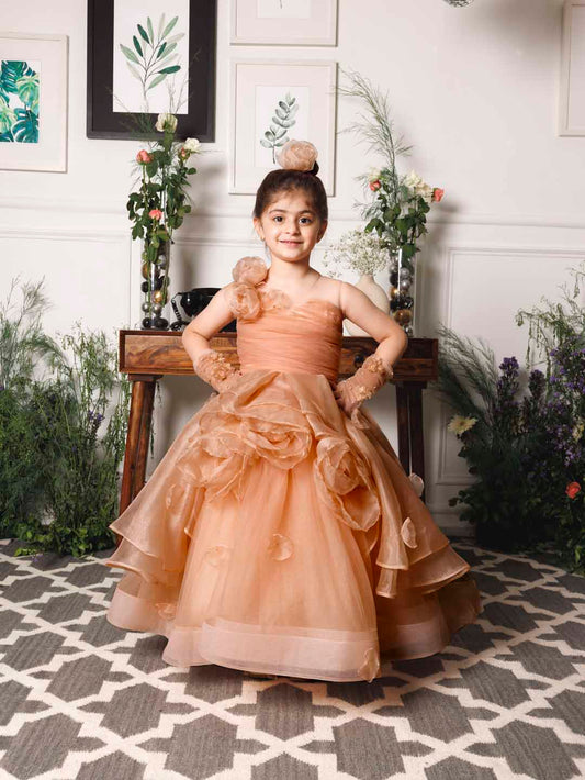 Charlene princess trail gown with handmade flowers and gloves