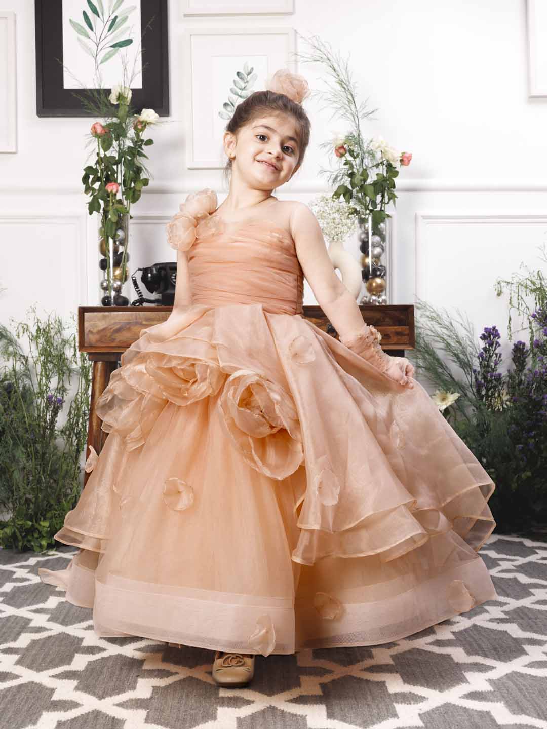 Charlene princess trail gown with handmade flowers and gloves