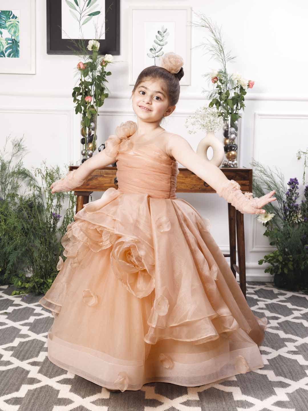 Charlene princess trail gown with handmade flowers and gloves