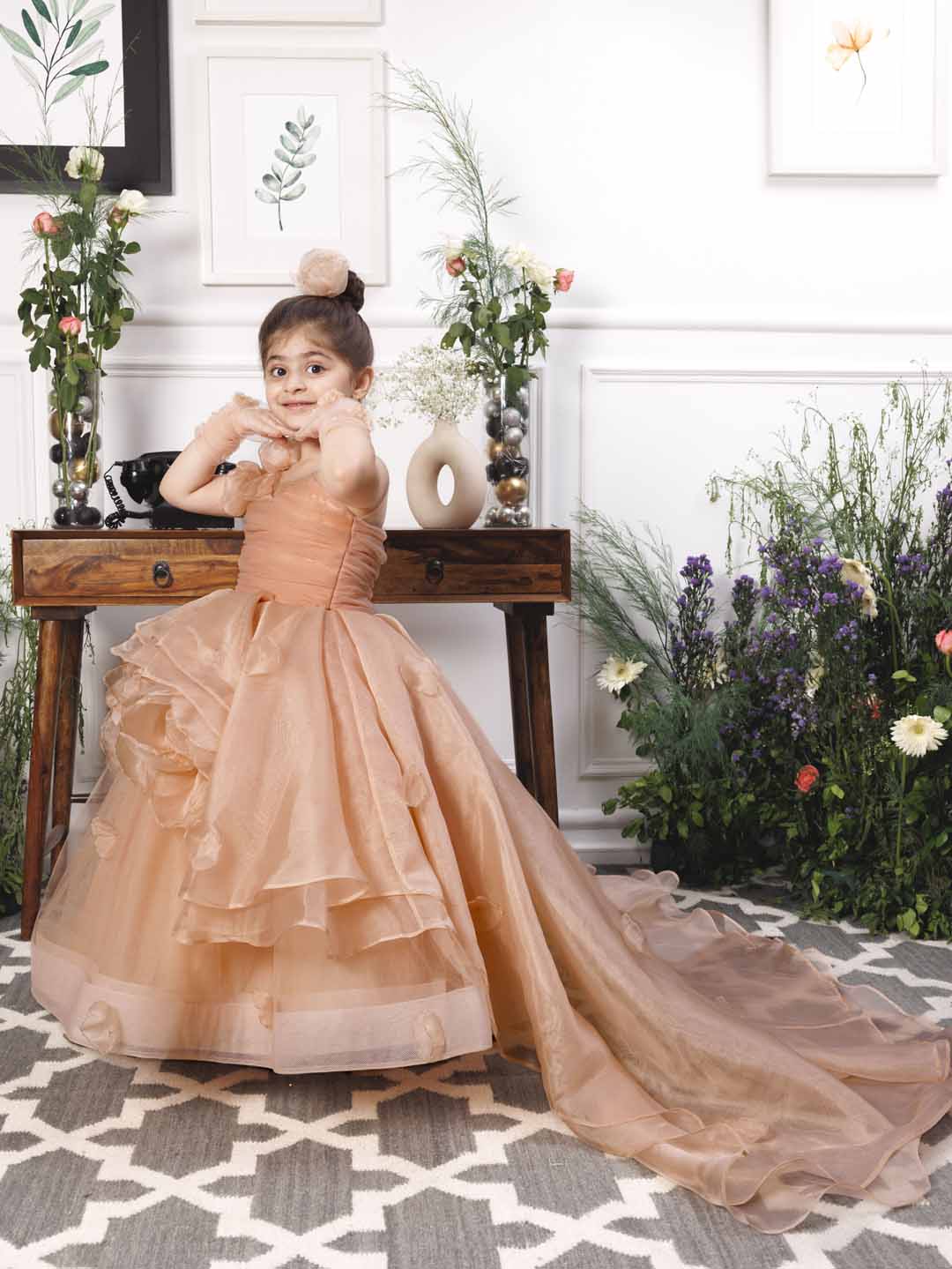 Charlene princess trail gown with handmade flowers and gloves