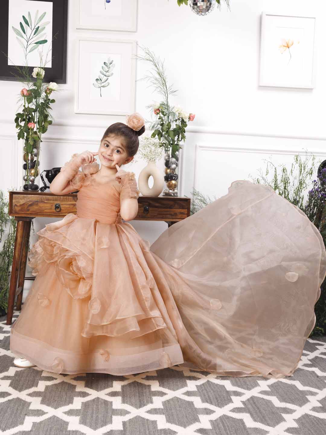 Charlene princess trail gown with handmade flowers and gloves