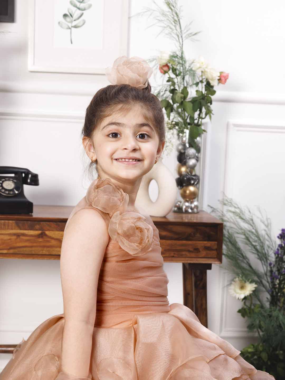 Charlene princess trail gown with handmade flowers and gloves