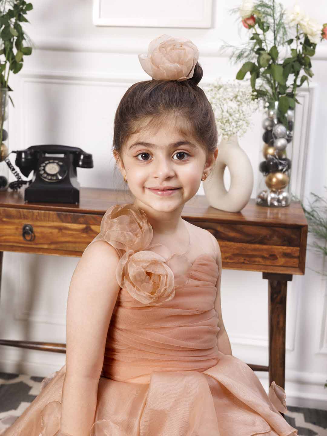 Charlene princess trail gown with handmade flowers and gloves
