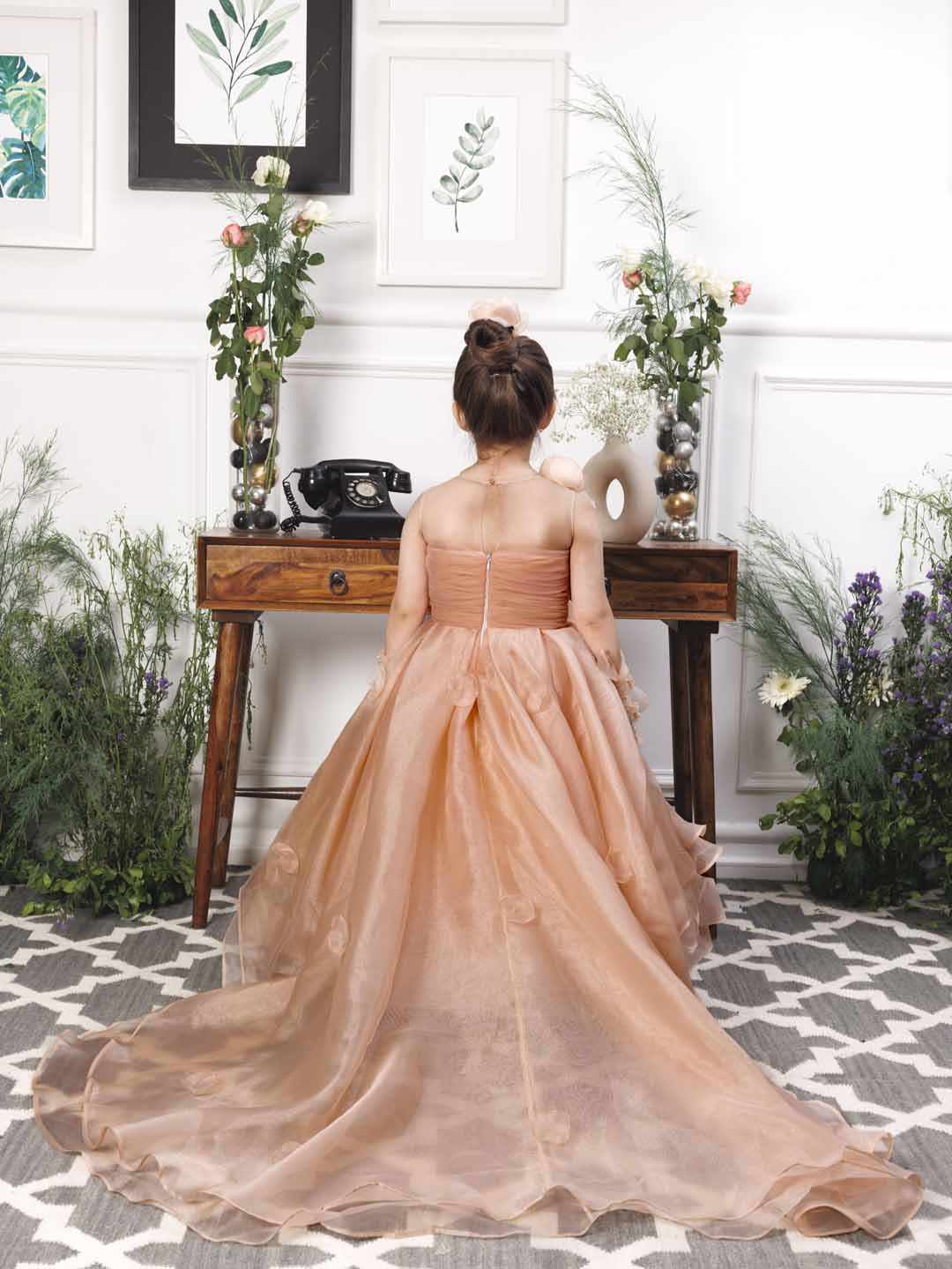 Charlene princess trail gown with handmade flowers and gloves