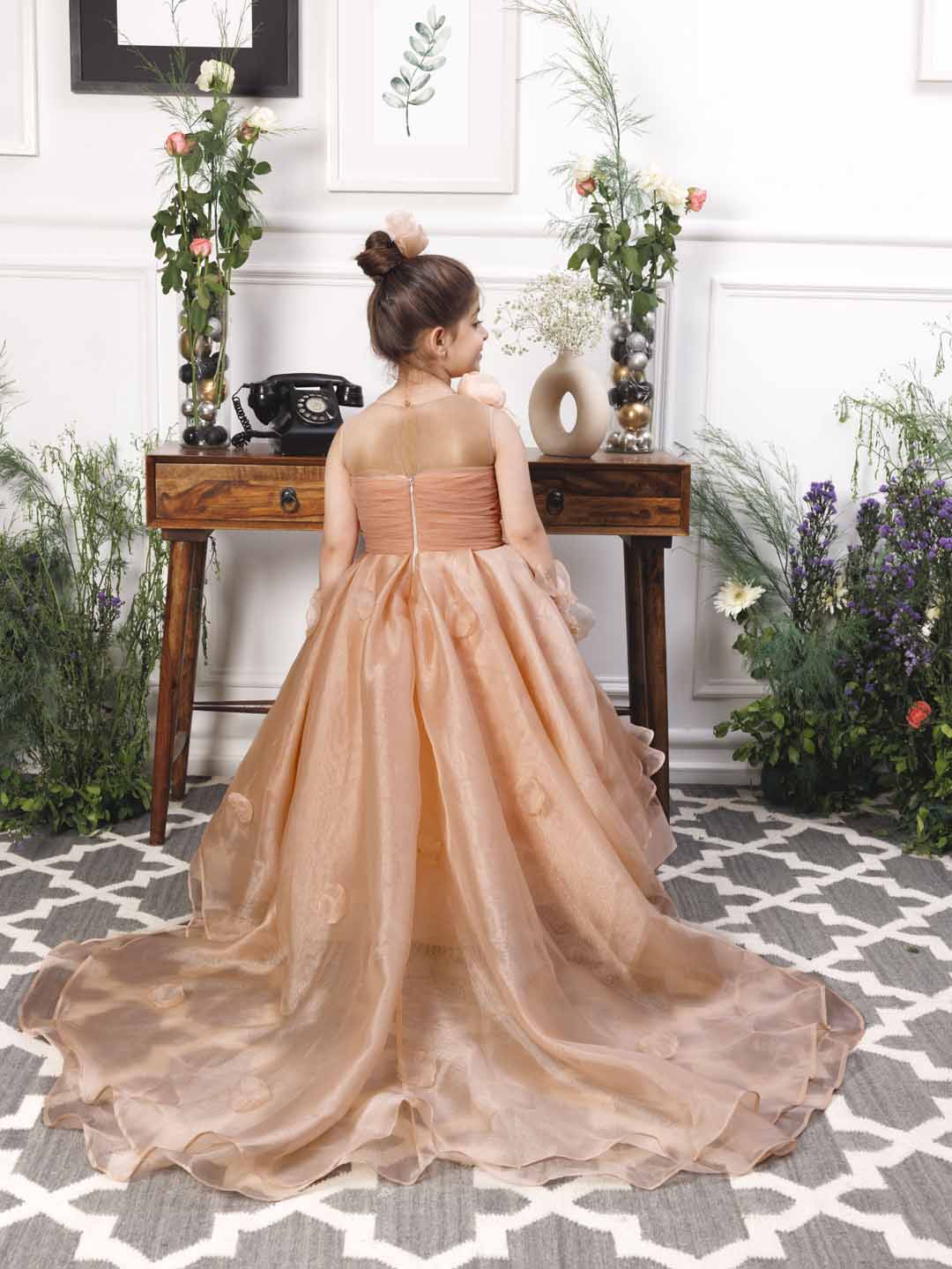 Charlene princess trail gown with handmade flowers and gloves