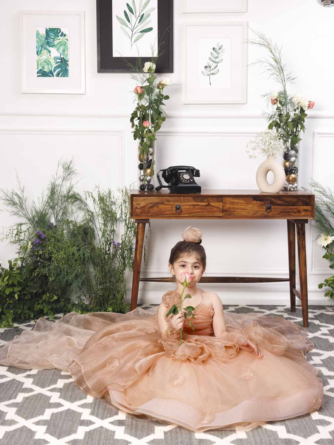 Charlene princess trail gown with handmade flowers and gloves