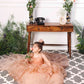 Charlene princess trail gown with handmade flowers and gloves