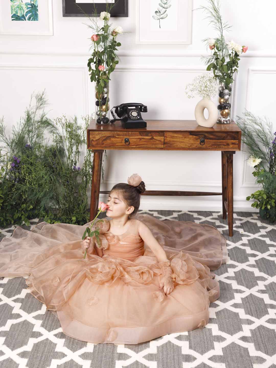 Charlene princess trail gown with handmade flowers and gloves