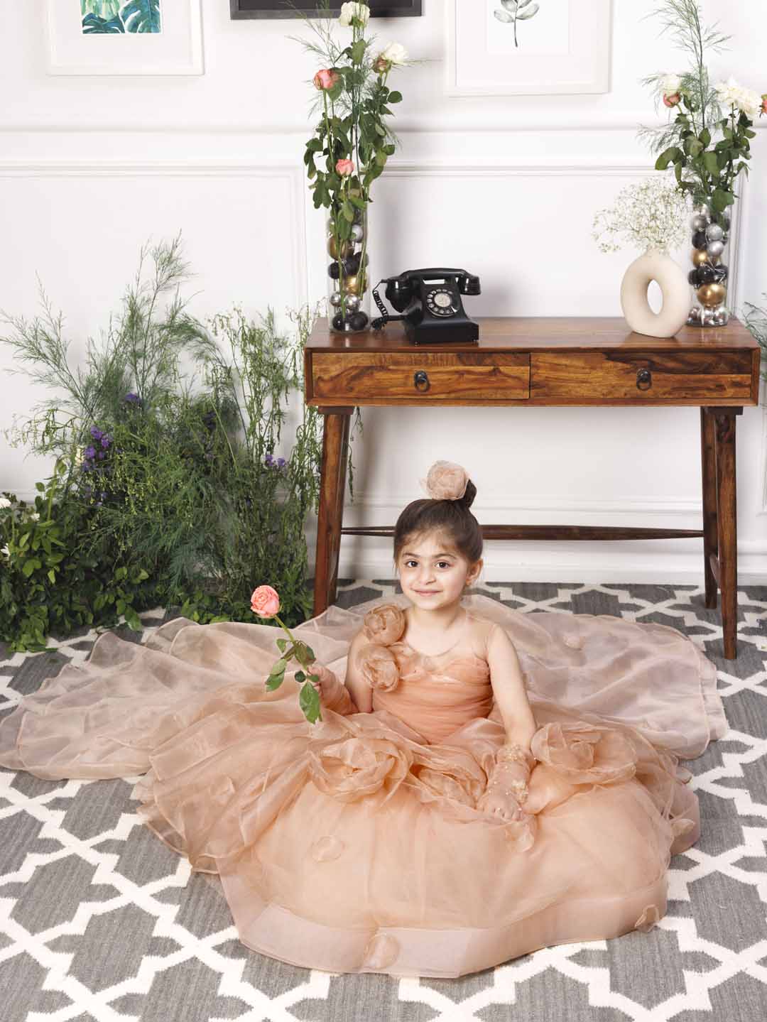 Charlene princess trail gown with handmade flowers and gloves