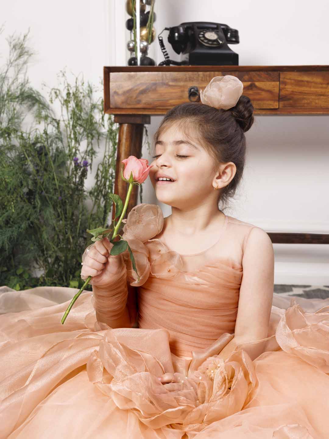 Charlene princess trail gown with handmade flowers and gloves