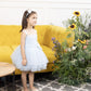 Mia blue fluffy skirt and gathered bodice with pearls and flowers detailing