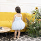 Mia blue fluffy skirt and gathered bodice with pearls and flowers detailing