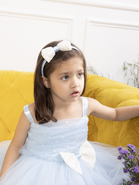 Mia blue fluffy skirt and gathered bodice with pearls and flowers detailing