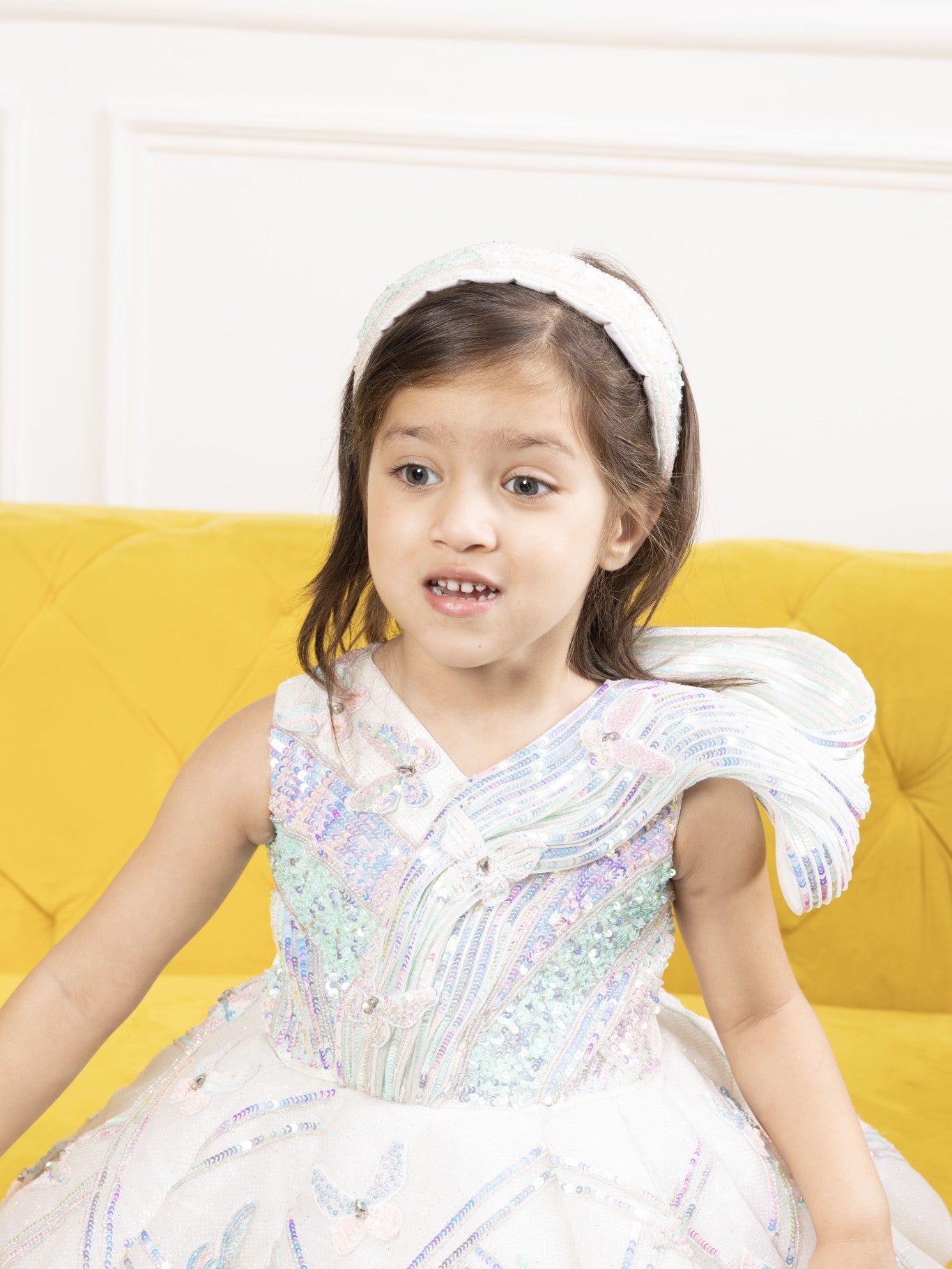 Alina glittered white panel dress with butterflies detailing